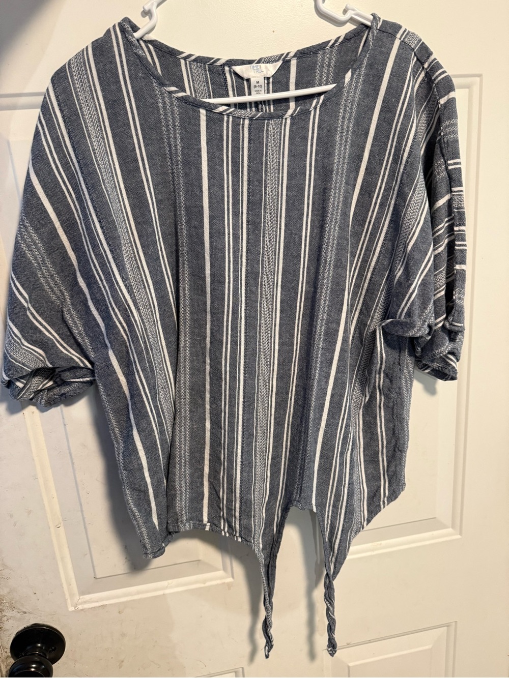 Time and Tru Blue and White Striped Tie-Hem Crop Top